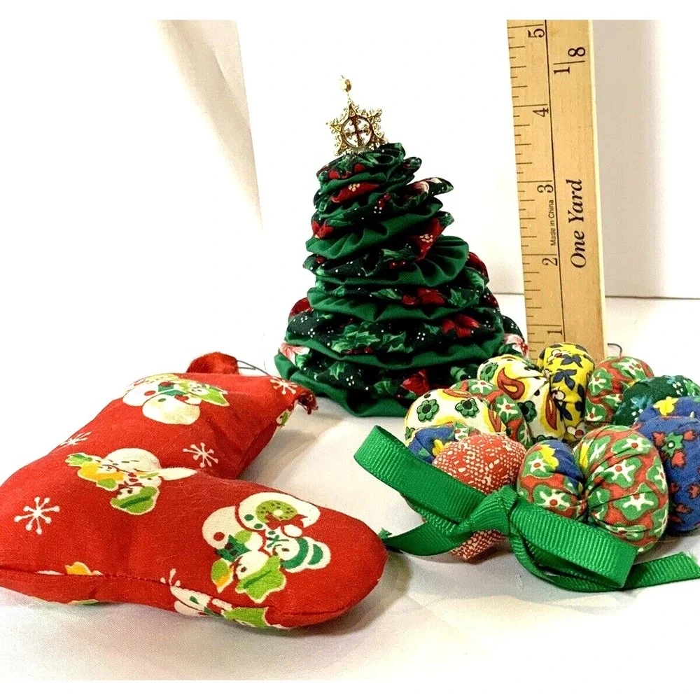 Quilted Fabric Christmas Ornaments Hand Made Stocking Tree Wreath Set of 3 VINTG